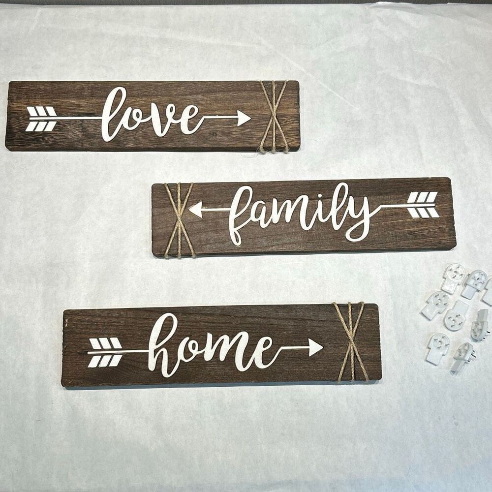 Faux Wood Home Decor Signs Family Love Home Arrows Hanging Tabs 13" x 3"